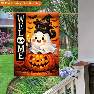 Halloween garden flag with black cat, ghost, and pumpkin, 2D flat printing decor