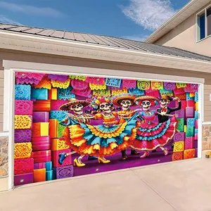 Colorful Day of the Dead garage door banner with dancing skeletons and festive patterns
