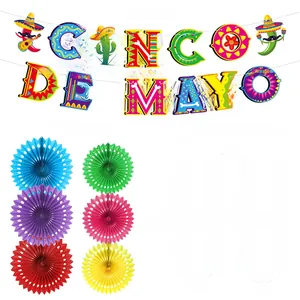 Complete Cinco de Mayo party decoration set featuring colorful banner and paper fans