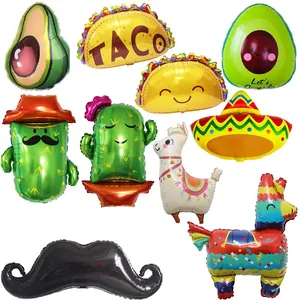 Mexican Fiesta theme party balloons set featuring cactus, llama, and taco shapes