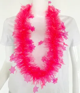 Neon pink tinsel garland with star decorations on a white mannequin for festive party use