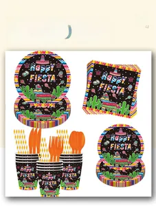 Detailansicht des mexikanischen Fiesta-Partysets mit bunten Tellern und Servietten