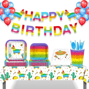 Set complet de fête mexicaine avec vaisselle à thème cactus et pinata colorée