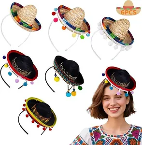 Set of 6 festive mini Mexican sombrero headbands with colorful pompoms for parties