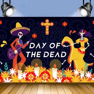 Detailed view of Day of the Dead backdrop featuring guitar skull and dancing lady design