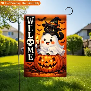 Halloween garden flag featuring cute black cat, ghost, and pumpkin outdoor banner
