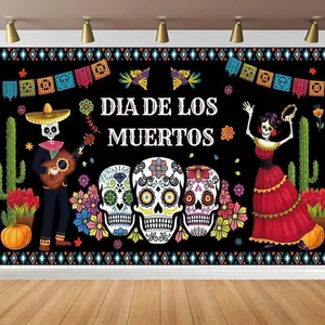Dia De Los Muertos Party Hintergrund Banner Mexikanischer Tag Der Toten Fotografie Hintergrund Halloween Skelett Kaktus Polyester Dekoration