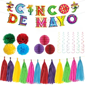 Complete Cinco de Mayo party decoration set with banners, paper flowers, and tassels.
