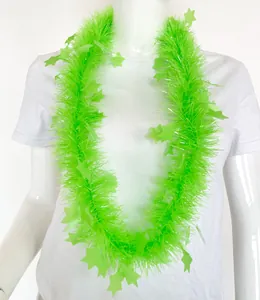 Detailed view of a vibrant neon green star tinsel garland worn on a mannequin for party decor