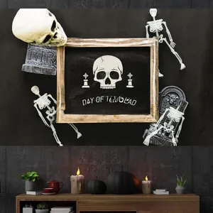 Day of the Dead black wall banner with skull illustration in a spooky themed room setting