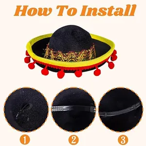 Detailed view showing the installation steps for the mini Mexican sombrero hat party headband