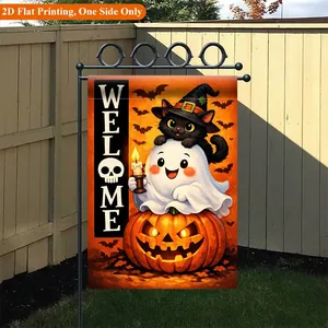 Halloween garden flag with cute ghost, black cat and pumpkin design
