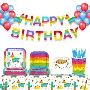 Fournitures de Fête Fiesta Mexicaine Vaisselle Jetable Avec Motifs Cactus Pinata Assiettes en Papier Carrées Tasses Serviettes Pour Décorations d'Anniversaire Cinco De Mayo