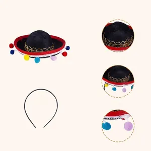 Dimensions of mini Mexican sombrero hat headband with colorful ball pendants for parties