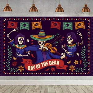 Mexican Day of the Dead backdrop featuring mariachi skeleton and dancers in a home setting.