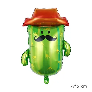 Detailed view of Mexican Fiesta cactus foil balloon featuring a colorful hat and mustache