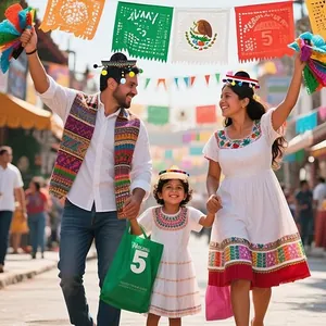 Happy family wearing mini Mexican sombrero headbands at a festive Cinco de Mayo street party