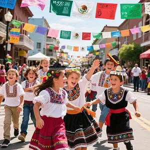 Happy children wearing mini Mexican sombrero headbands at a colorful street carnival party