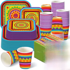 Vibrant Mexican fiesta disposable tableware set with colorful geometric patterns for party