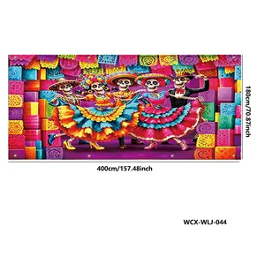 Large Day of the Dead garage door banner with festive dancing skeletons 400x180cm