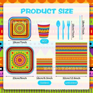 Detailed size chart for Mexican-themed party supplies including plates, cups, and napkins