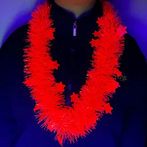 Detail showing vibrant fluorescent red star garland lei for rave parties and festivals