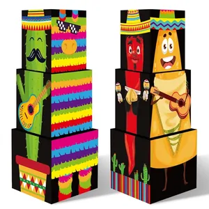 Close-up of stacked Cinco de Mayo party boxes featuring vibrant cactus and pinata illustrations.