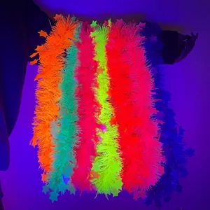 Close-up of vibrant neon fluorescent party garlands with star accents under UV light.