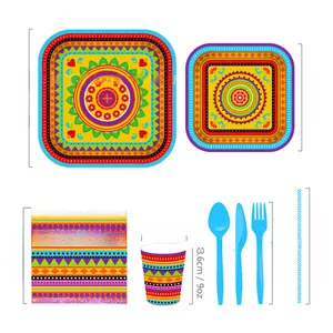 Detailed dimension guide for Mexican party tableware set with plates, cups, and napkins