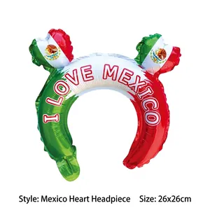 Detailed view of Mexico themed balloon headband with flag colors and heart shapes
