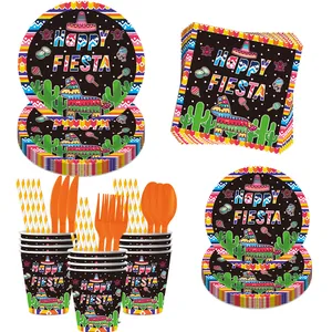 Juego de Suministros para Fiesta Mexicana Fiesta Vajilla Desechable Platos Vasos Servilletas Cubiertos para Decoraciones de Fiesta