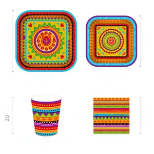Detailed size specifications for Mexican party tableware set including plates and cups