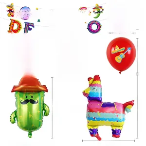 Detailed dimensions for Cinco de Mayo party banner, cactus and llama foil balloons