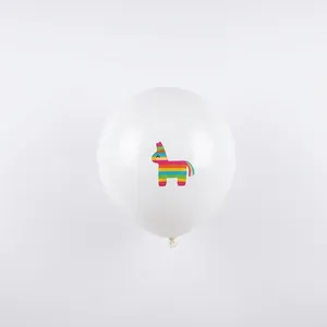 Detail view of white latex balloon featuring a colorful rainbow donkey piñata print