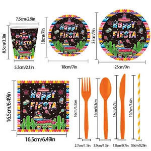 Set de artículos de fiesta mexicana Fiesta con platos, vasos y dimensiones