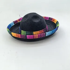 Detailed close-up view of a mini black Mexican felt sombrero with colorful serape striped brim.