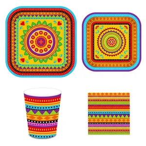 Set stoviglie colorate per festa messicana con motivi geometrici su piatti bicchieri e tovaglioli