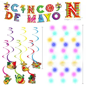 Cinco de Mayo party set with banner, swirls, and LED lights with dimensions