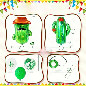 Vue détaillée du lot de 27 ballons de fête Cactus Fiesta avec dimensions et quantités