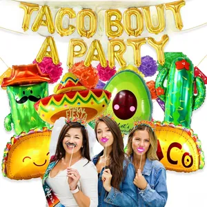 Festive Mexican taco and cactus themed party balloon set featuring models in use