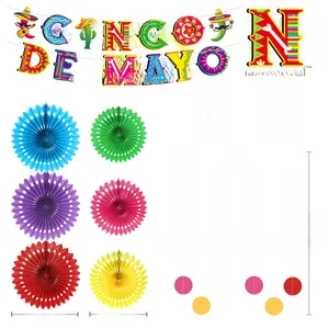 Detailed dimension guide for Cinco de Mayo party decoration set with banners and fans