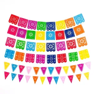 Bannière en Feutre Mexicain Guirlande Papel Picado Décorations Jour des Morts Multicolore Ajouré Bannières Suspendues pour Fête Cinco de Mayo