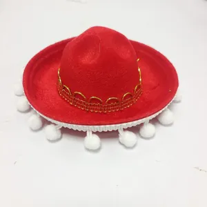 Mini red Mexican sombrero party hat with gold lace and white pom-pom trim for carnival