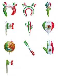 Assorted Mexican themed foil balloons including cactus headbands and flag sticks