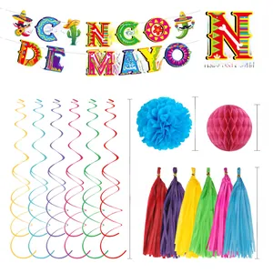 Detailed dimension guide for Cinco de Mayo party decoration set with banner and tassels