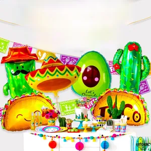 Vibrant Mexican taco and cactus themed foil balloon set for summer birthday party decorations.
