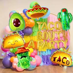 Mexican Fiesta theme party decorations with taco avocado and cactus foil balloons