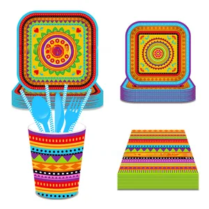 Detail view of Mexican fiesta party supplies set including plates, cups, and napkins