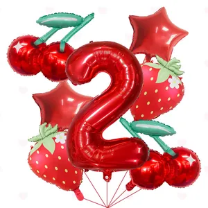 Detail view of fruit themed foil balloon set with cherry, strawberry and number 2