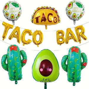 Mexican theme party balloon set with taco, avocado, cactus and gold TACO BAR letters